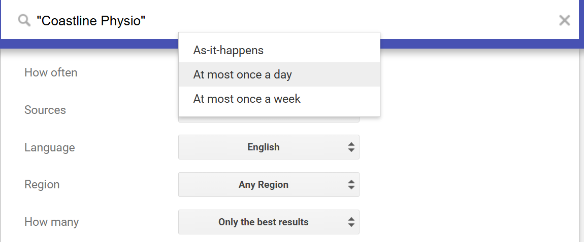 The Google Alerts options panel with the How often menu open, showing As-it-happens, At most once a day and At most once a week, with At most once a day selected