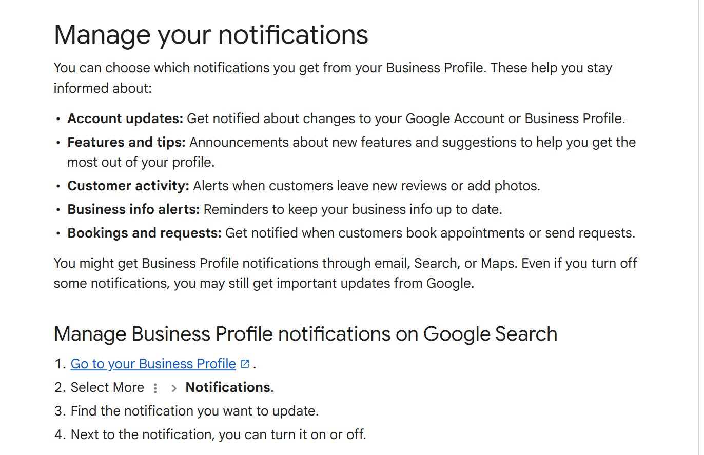 Google's Manage your notifications help page, listing five notification groups with Customer activity described as alerts when customers leave new reviews or add photos