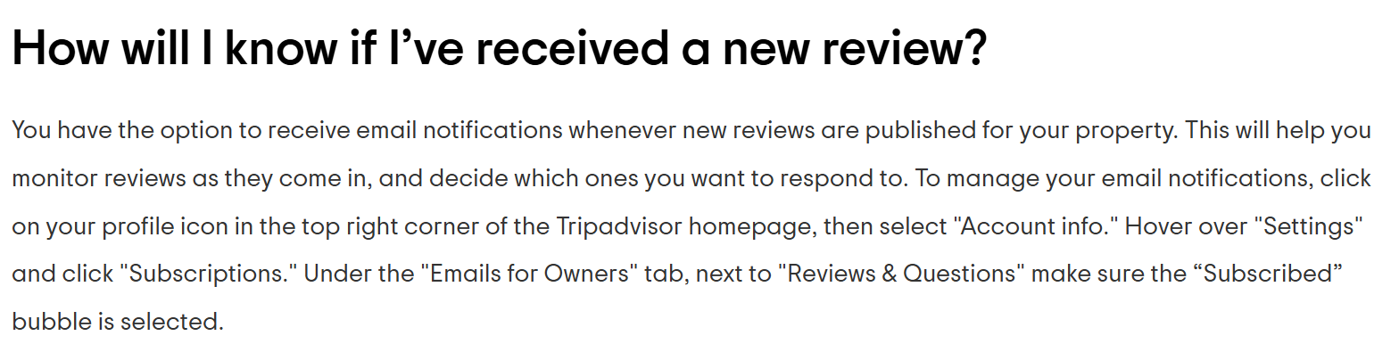 The Tripadvisor for Business page section headed How will I know if I've received a new review, describing the opt-in path through Account info, Settings, Subscriptions and the Emails for Owners tab