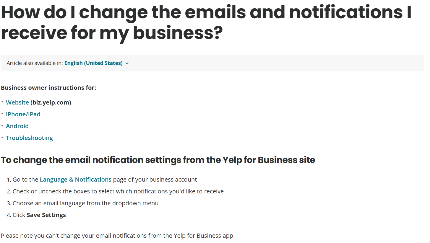 The Yelp for Business help article headed How do I change the emails and notifications I receive for my business, listing four steps ending in Click Save Settings, followed by a note that you cannot change email notifications from the Yelp for Business app