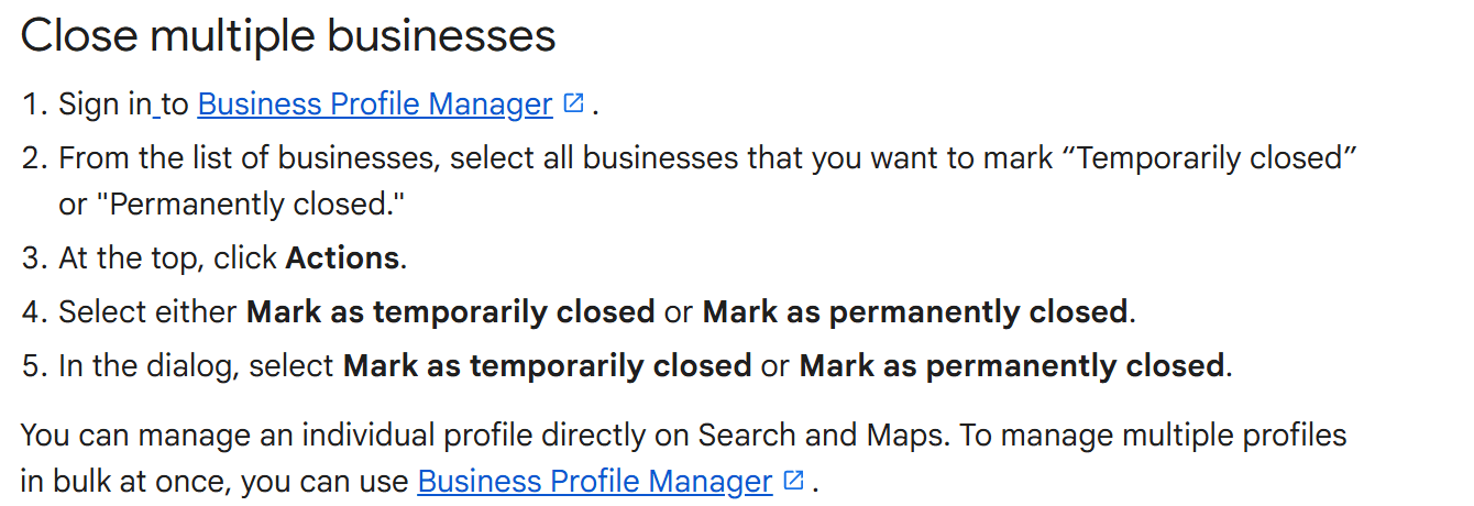Google help page listing the five steps to close multiple businesses at once from Business Profile Manager using the Actions menu