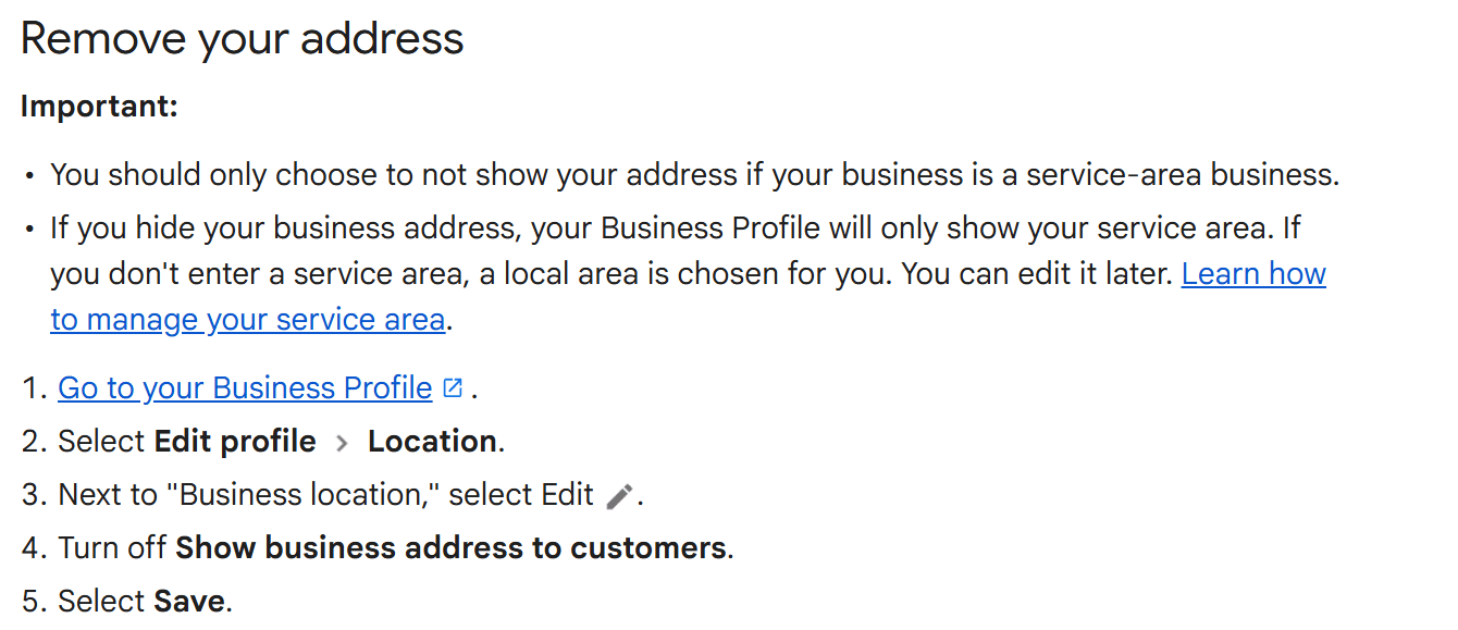 Google help page section headed Remove your address, showing the five steps to turn off Show business address to customers