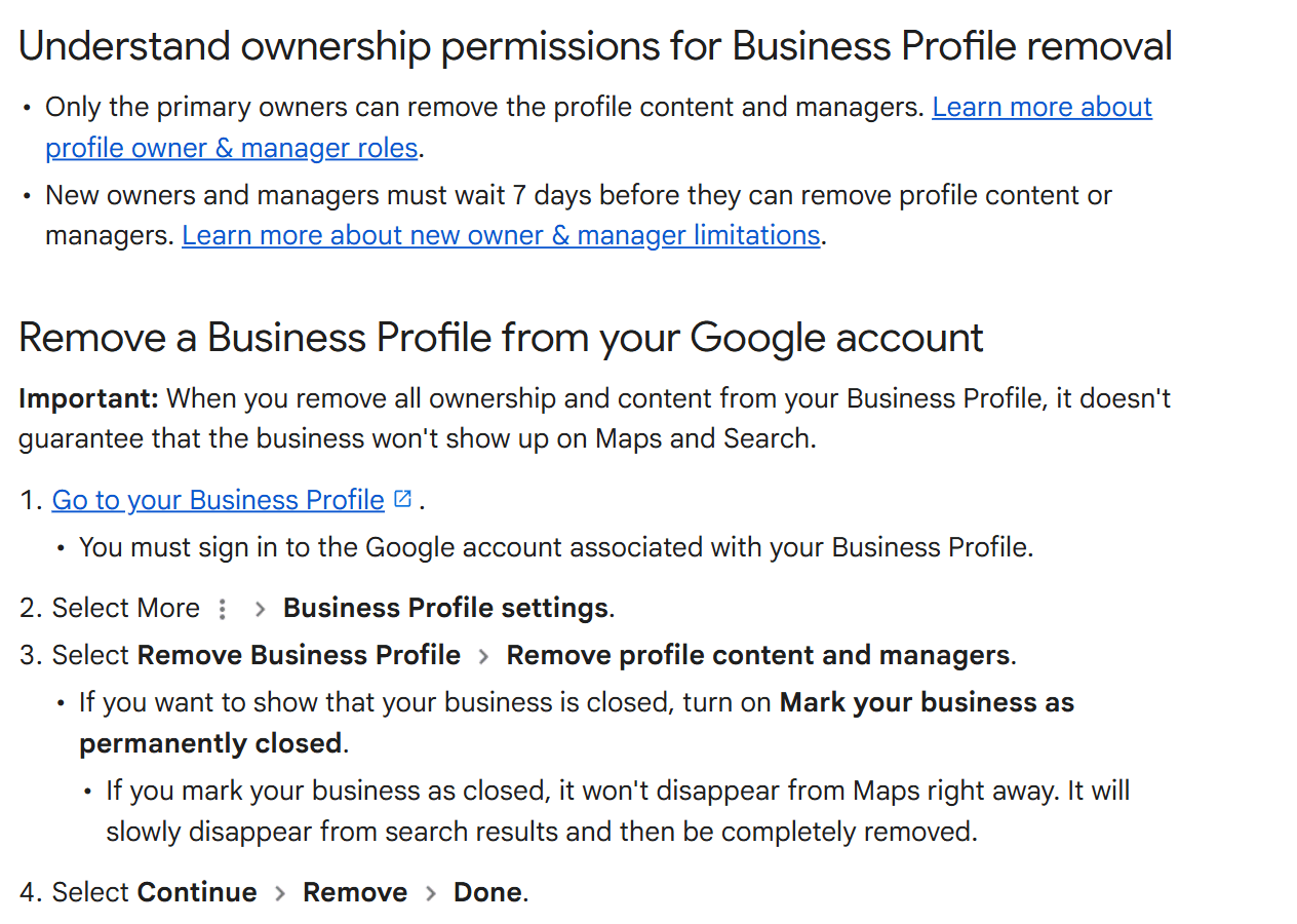 Google help page listing the ownership rules for removing a Business Profile and the four steps to do it, including the option to mark the business permanently closed