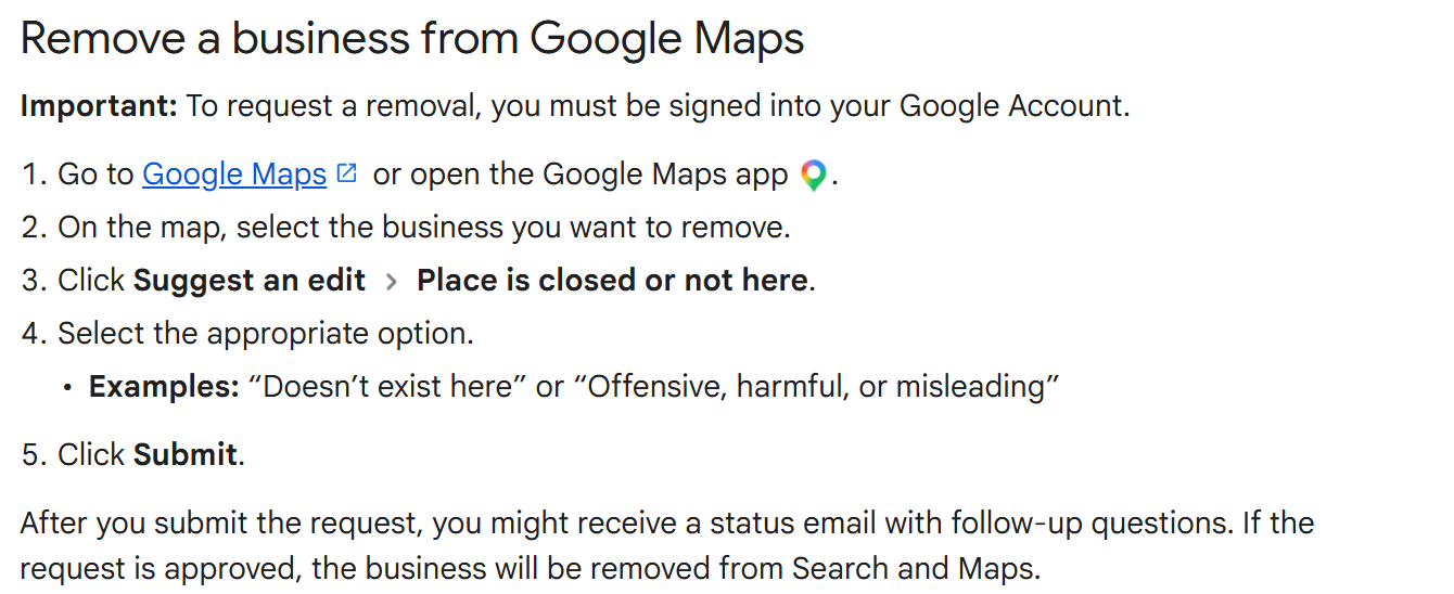Google help page listing the five steps to request removal of a business from Google Maps through Suggest an edit and Place is closed or not here