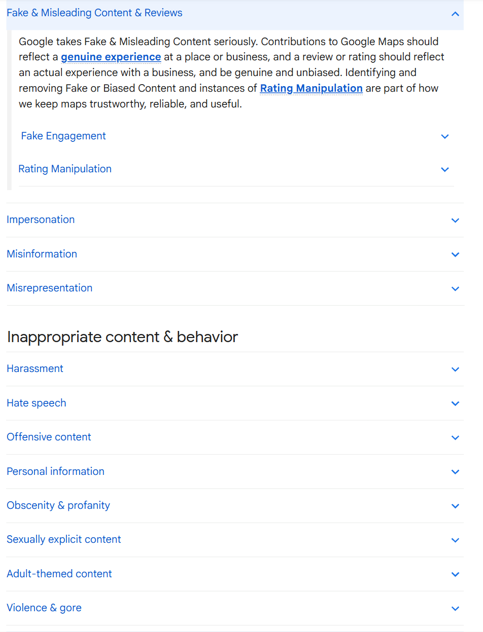 Google's prohibited and restricted content page, showing Fake and Misleading Content and Reviews expanded with Fake Engagement and Rating Manipulation inside it, followed by Impersonation, Misinformation, Misrepresentation and the Inappropriate content and behaviour group