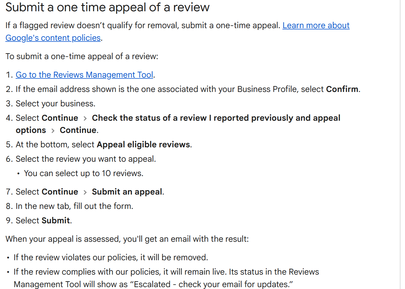 Google's help page section titled Submit a one time appeal of a review, listing nine steps including Appeal eligible reviews and a note that you can select up to 10 reviews