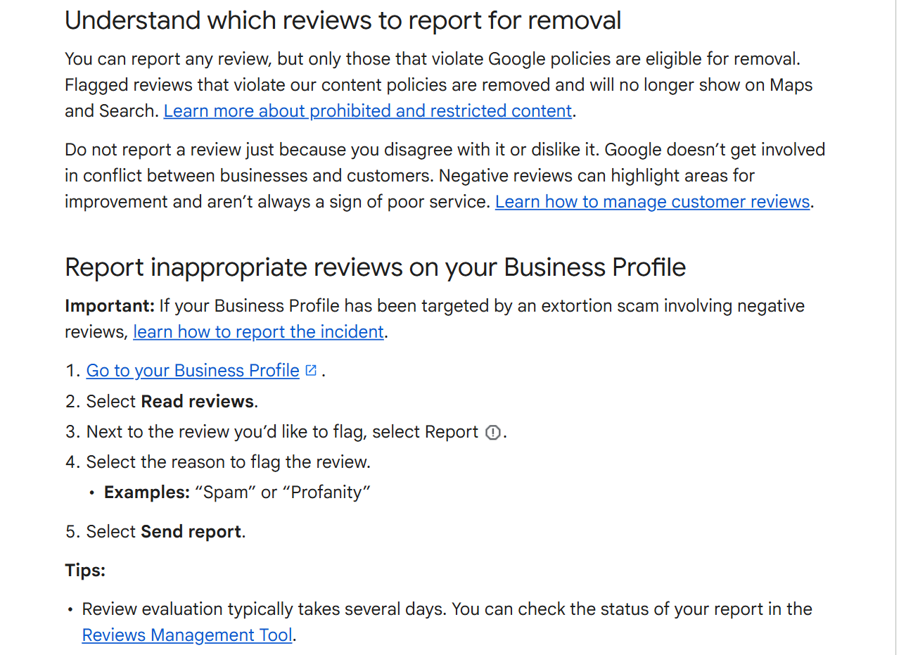 Google's help page for reporting reviews, showing the five numbered steps from Go to your Business Profile through to Send report, above a tip saying review evaluation typically takes several days