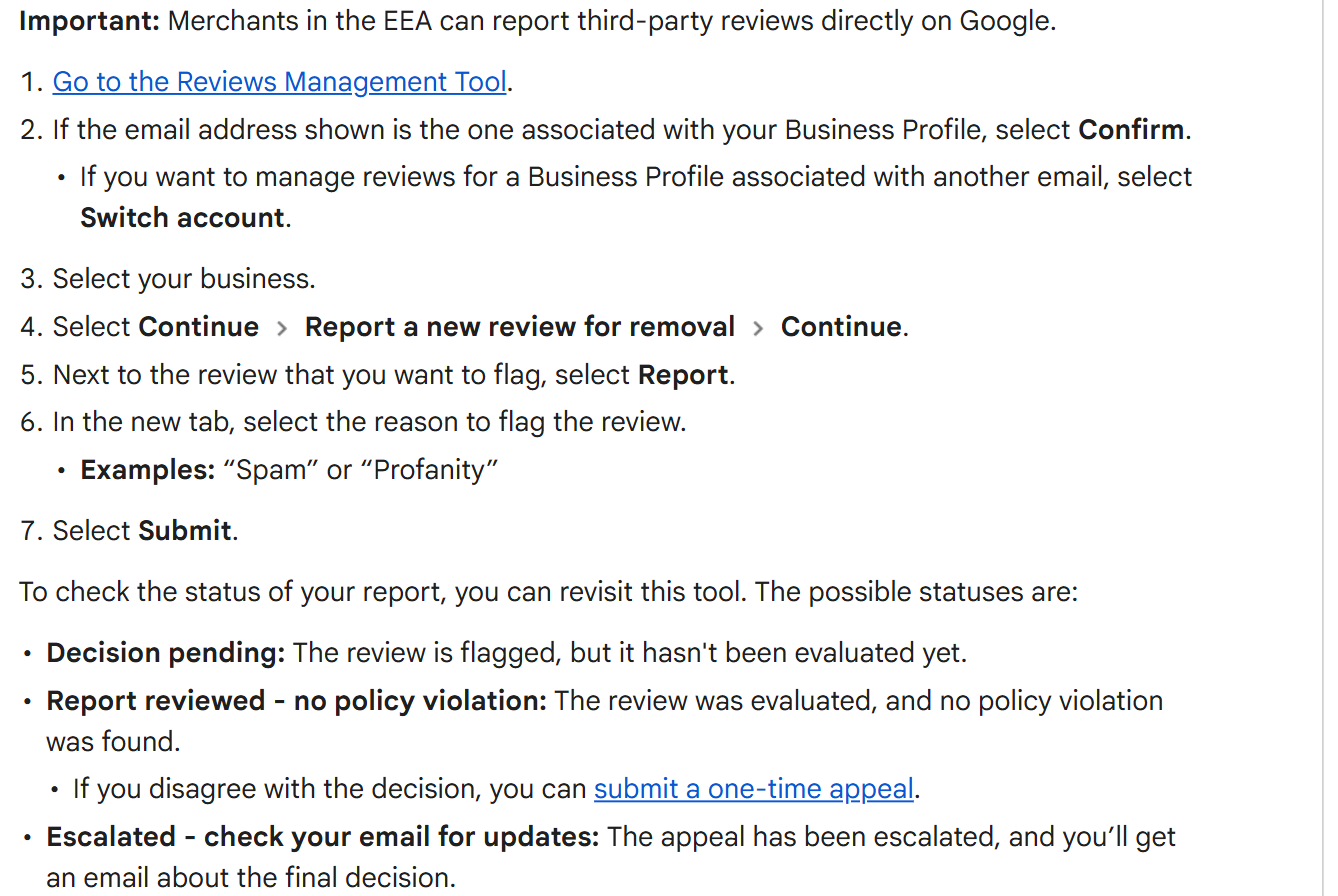 Google's help page for the Reviews Management Tool, listing the seven reporting steps and then the three report statuses: Decision pending, Report reviewed no policy violation, and Escalated check your email for updates