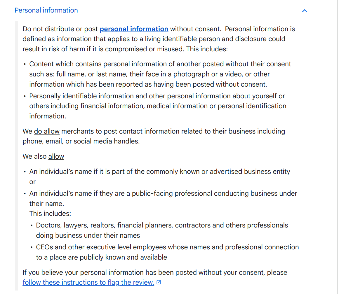 Google's Maps content policy explaining that personal information such as a full name or last name must not be posted without consent, followed by the exceptions Google does allow, including an individual's name when it is part of the business name and public-facing professionals such as doctors, lawyers and contractors trading under their own names
