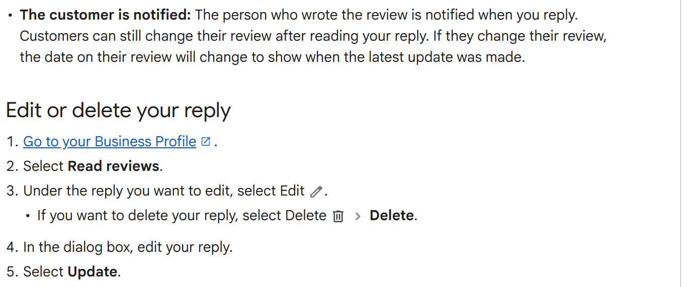 Google Business Profile help page showing that the person who wrote the review is notified when you reply, that customers can still change their review afterwards, and the five steps to edit or delete a reply you have already posted