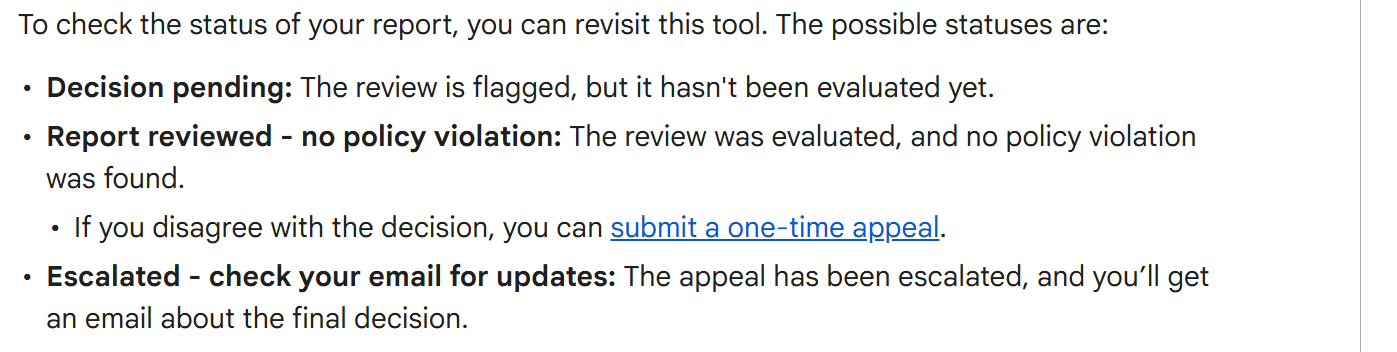Google's report status list: decision pending, report reviewed with no policy violation and the option to submit a one-time appeal, and escalated with an email about the final decision