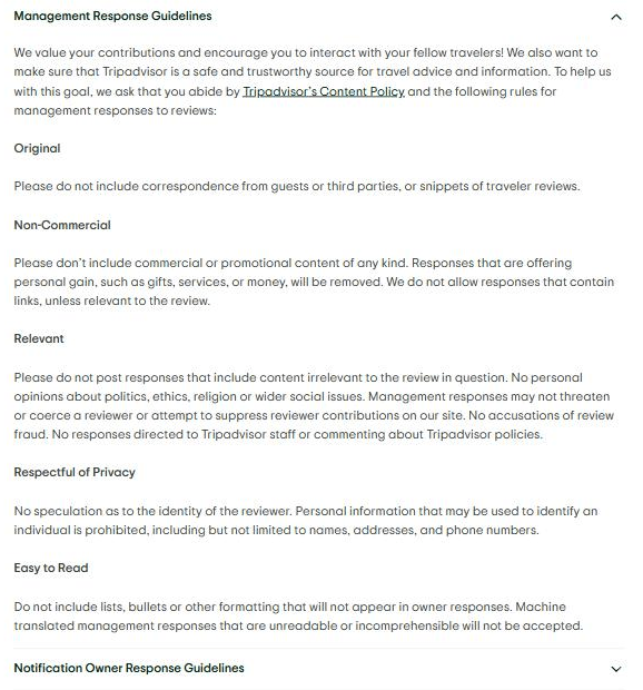 Tripadvisor's Management Response Guidelines page, listing the five rules a management response must meet under the headings Original, Non-Commercial, Relevant, Respectful of Privacy and Easy to Read