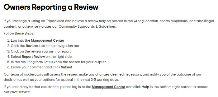 Tripadvisor's owner help centre article "Owners Reporting a Review", listing six steps from logging into the Management Center to clicking Submit on the dispute form, and stating that moderators reply with the outcome and your appeal options within three to five working days