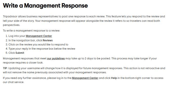 Tripadvisor's owner help centre article "Write a Management Response", listing five steps from logging into the Management Center to clicking Submit, and noting that responses meeting the guidelines may take up to two days to post