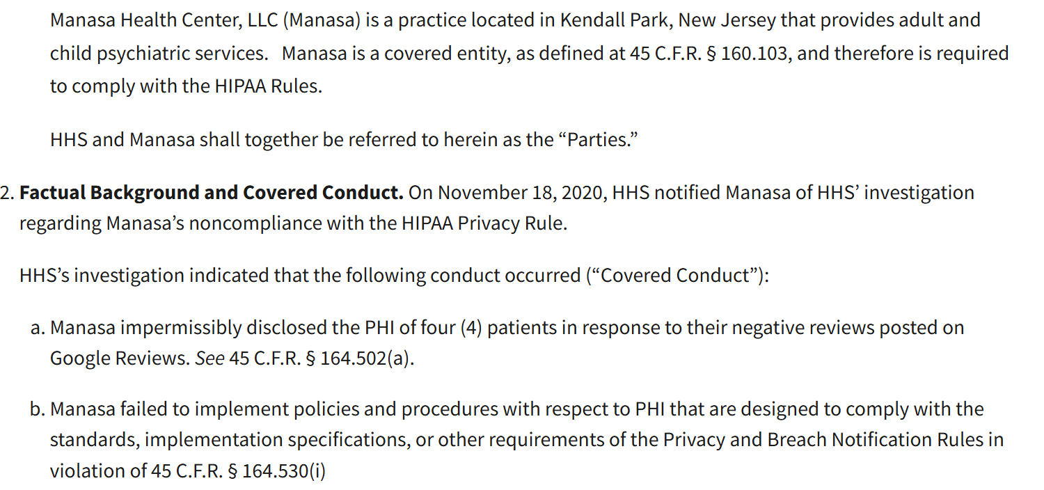 The covered conduct section of a US Department of Health and Human Services resolution agreement, stating that Manasa Health Center impermissibly disclosed the protected health information of four patients in response to their negative reviews posted on Google Reviews