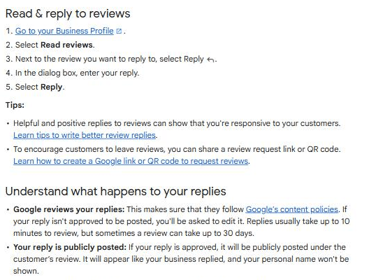 Google Business Profile help page listing the five steps to read and reply to reviews, and stating that replies usually take up to 10 minutes to review but sometimes up to 30 days