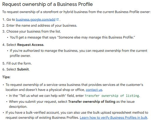 Google Business Profile help page headed Request ownership of a Business Profile, with six numbered steps starting at business.google.com/add and ending at Submit, plus a tip that service-area businesses without a shop or office must contact support and enter Transfer ownership of listing