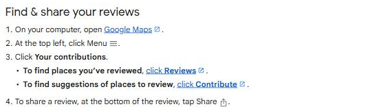 Google Maps help page section headed Find and share your reviews, with four numbered steps: open Google Maps, click Menu at the top left, click Your contributions, then click Reviews to find places you have reviewed