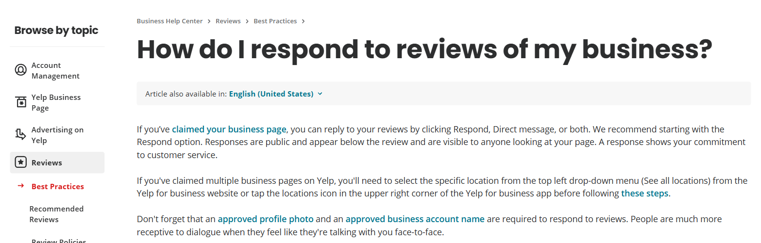 Yelp's business help article "How do I respond to reviews of my business?", which says a claimed page, an approved profile photo and an approved business account name are required, and that a review can be answered with Respond, Direct message, or both
