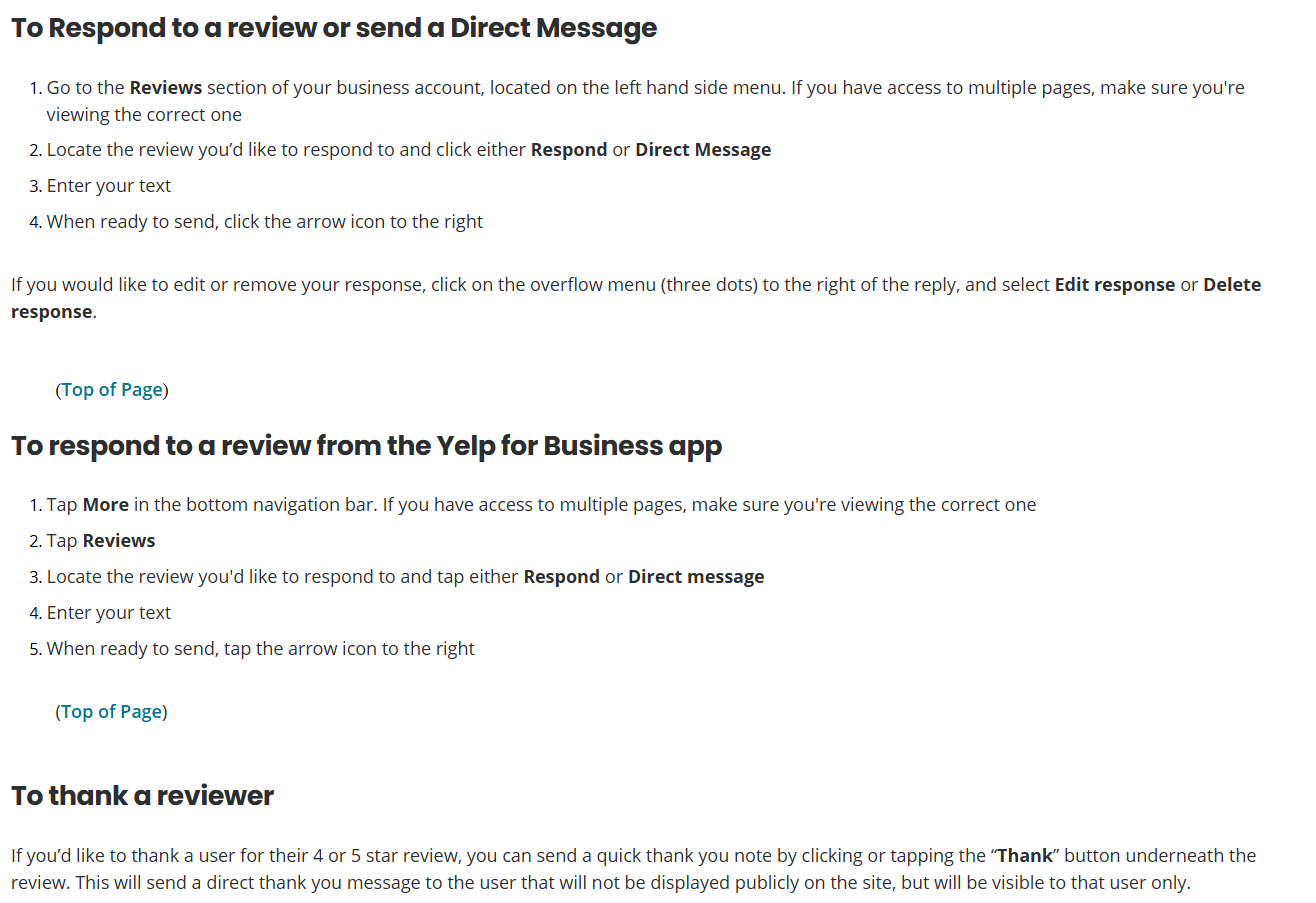 Yelp's help article listing the steps to respond on the Yelp for Business website and in the app, including the Respond and Direct Message buttons, the Edit response and Delete response options in the three-dot menu, and the Thank button for four and five-star reviews