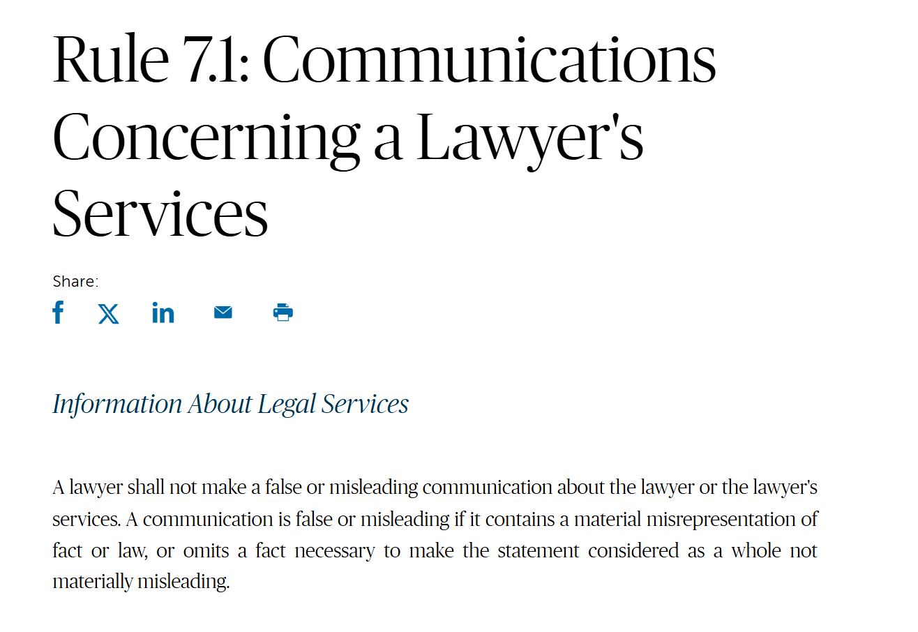 The American Bar Association's page for Model Rule 7.1, showing the text that a lawyer shall not make a false or misleading communication about the lawyer's services