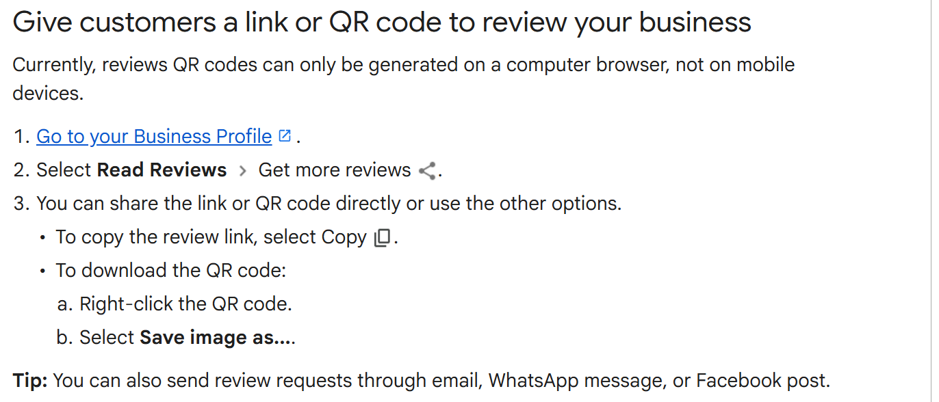 Google Business Profile help steps: go to your Business Profile, select Read Reviews then Get more reviews, then copy the review link or download the QR code