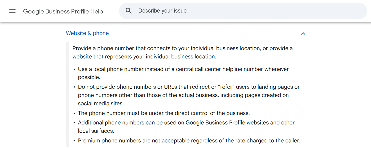 Google's business guidelines page with the Website and phone section expanded, listing five phone number rules including using a local number and not using numbers that redirect users elsewhere