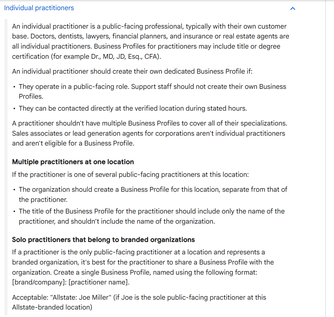 Google's guidelines page with the individual practitioners section open, showing the rules for multiple practitioners at one location and for a solo practitioner in a branded organisation