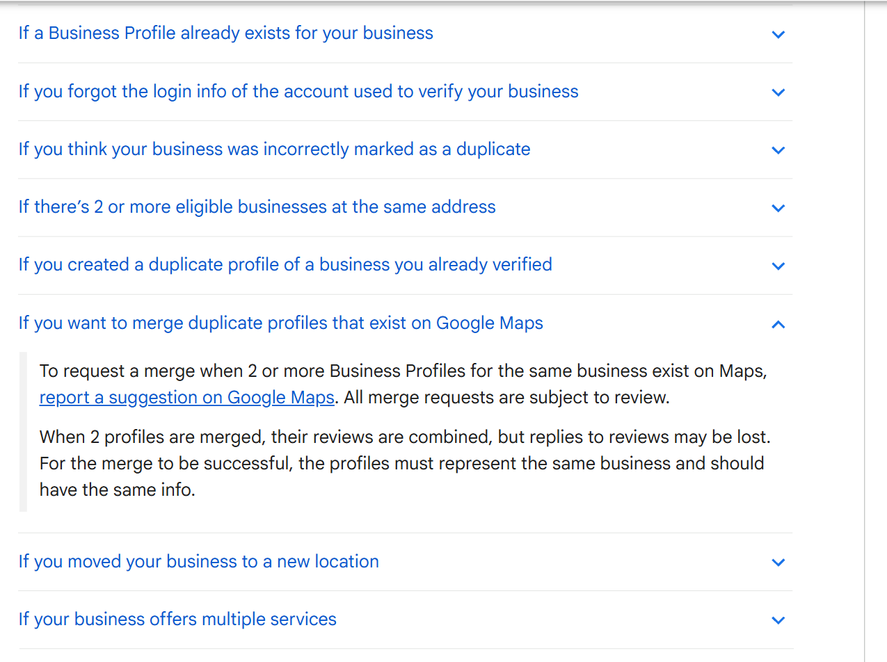 Google's help page with the merge section open, stating that merge requests are subject to review, that reviews are combined and that replies to reviews may be lost