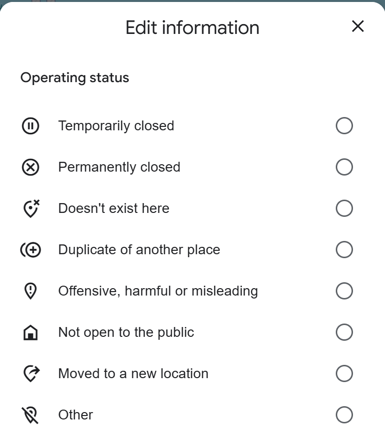 The Google Maps Edit information dialog showing the Operating status options, including Duplicate of another place