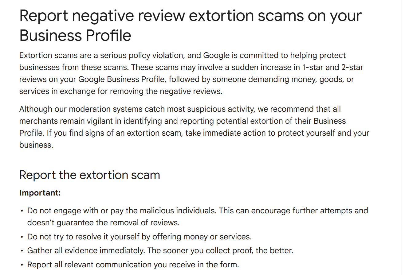Google's help page headed Report negative review extortion scams on your Business Profile, describing a sudden increase in 1-star and 2-star reviews followed by a demand for money, above four Important bullets beginning Do not engage with or pay the malicious individuals