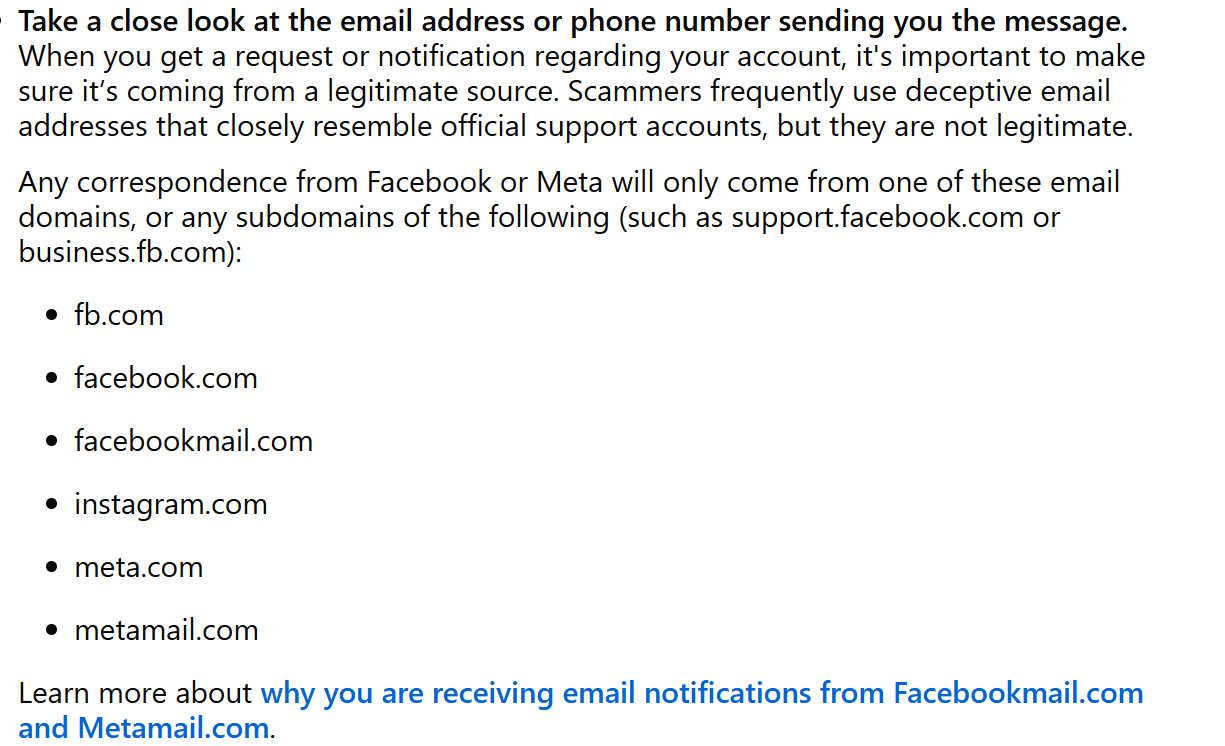 Meta's phishing help page listing the six email domains its correspondence comes from, fb.com, facebook.com, facebookmail.com, instagram.com, meta.com and metamail.com, above a note that subdomains such as support.facebook.com also count