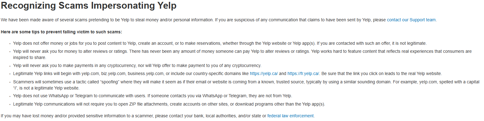Yelp's Recognizing Scams Impersonating Yelp support page, listing seven tips including the legitimate link domains, the spoofing warning about yeIp.com with a capital i, and the line that Yelp does not use WhatsApp or Telegram