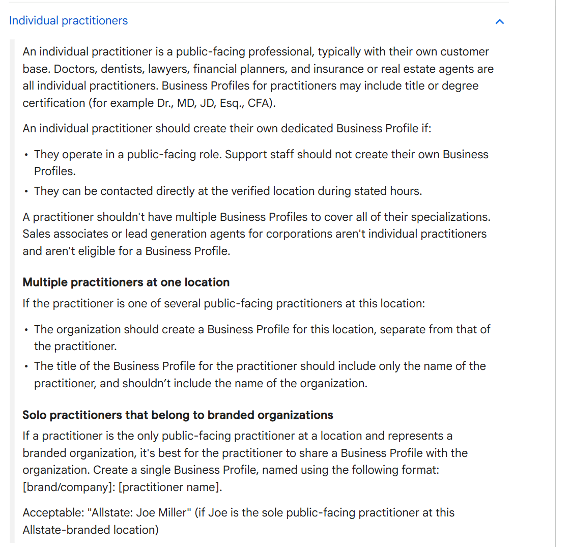 Google's guidelines for representing your business, showing the rules for individual practitioners and for multiple practitioners at one location