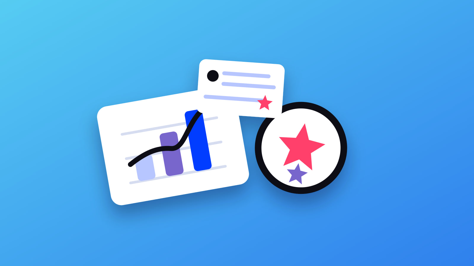 Illustrated chart, rating dial and review bubble