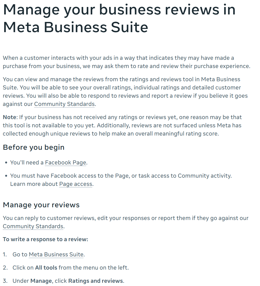 Meta's help page for managing business reviews in Meta Business Suite, showing that the ratings it covers are collected when a customer interacts with the business's ads, and the path All tools, then Ratings and reviews
