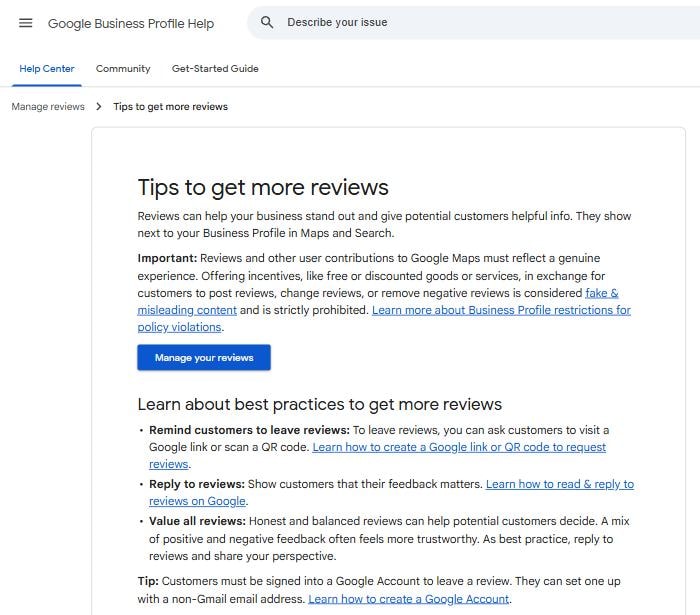 Google Business Profile Help: ask customers to visit a Google link or scan a QR code, and incentives are prohibited