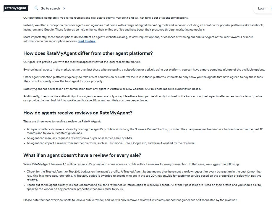 RateMyAgent's FAQ listing the three ways an agent gets a review: the Leave a Review button, an email or SMS request, or an import