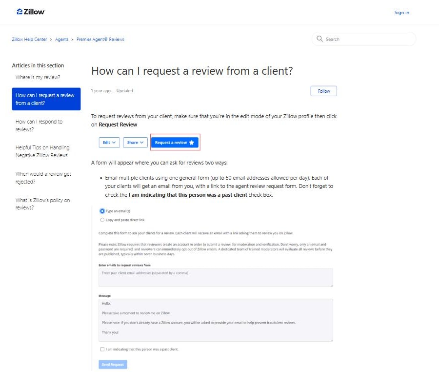 Zillow's help article showing the Request a review button on an agent profile and the email request form behind it