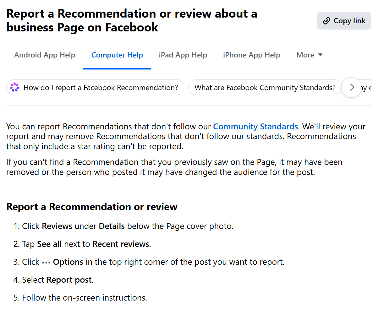 Facebook Help Centre article titled "Report a Recommendation or review about a business Page on Facebook", stating that Meta may remove Recommendations that don't follow its standards and that Recommendations which only include a star rating can't be reported, above five numbered steps ending in Select Report post