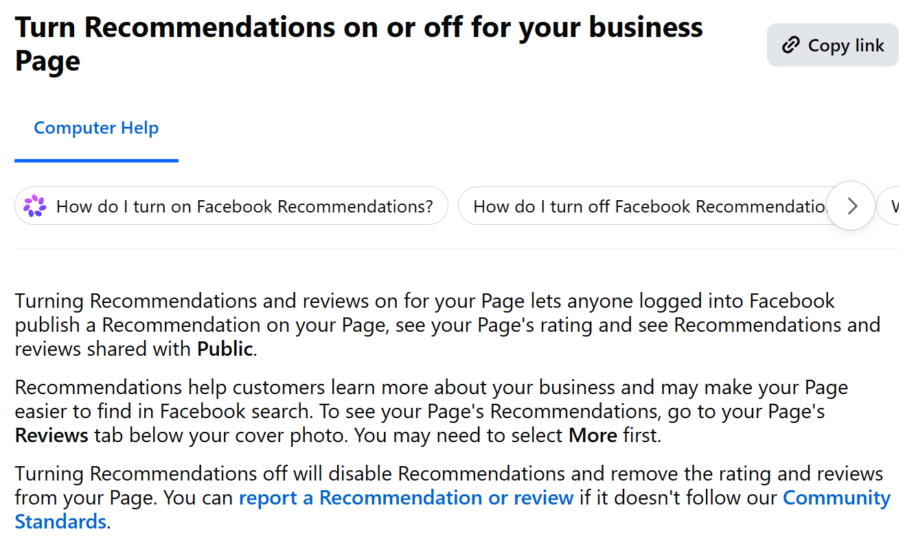 Facebook Help Centre article titled "Turn Recommendations on or off for your business Page", whose third paragraph reads "Turning Recommendations off will disable Recommendations and remove the rating and reviews from your Page"