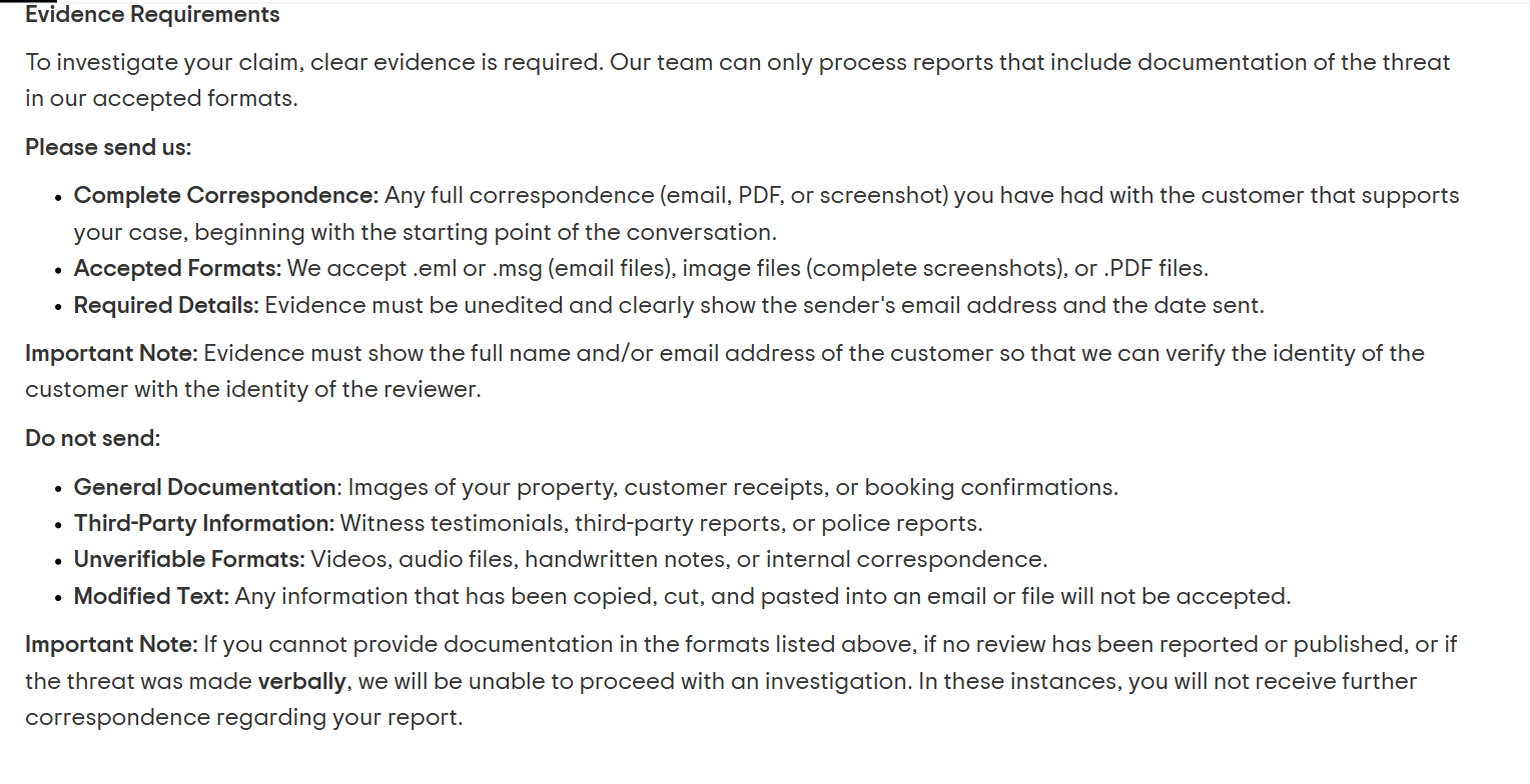 Tripadvisor's owner help centre article on blackmail, showing the Evidence Requirements list of accepted formats and the Do not send list covering property images, receipts, witness testimonials, police reports, video, audio, handwritten notes and copy-pasted text