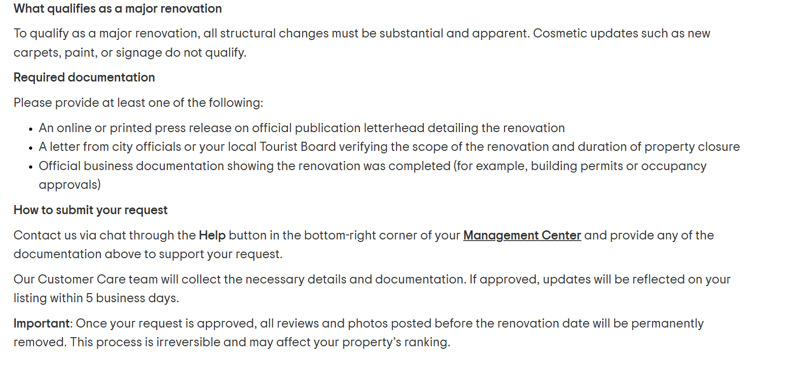 Tripadvisor's owner help centre article "Report a major renovation", showing the required documentation list and the warning that approved removals are permanent, irreversible and may affect the property's ranking