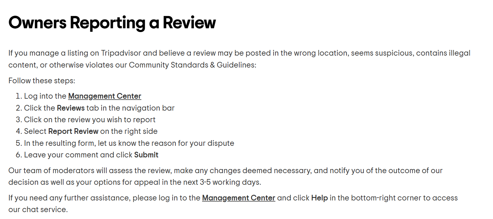 Tripadvisor's owner help centre article "Owners Reporting a Review", listing the six steps from logging into the Management Center to clicking Submit, and stating that moderators notify you of the outcome and your appeal options within three to five working days