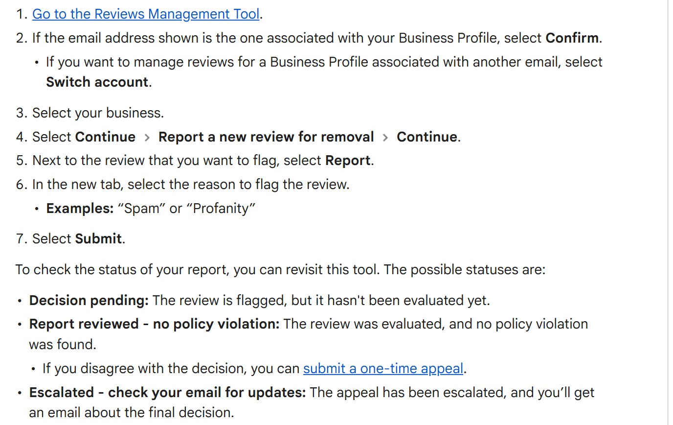 Google's help page for the Reviews Management Tool: seven numbered steps ending in Submit, then the three report statuses, Decision pending, Report reviewed with no policy violation, and Escalated, with a link to submit a one-time appeal