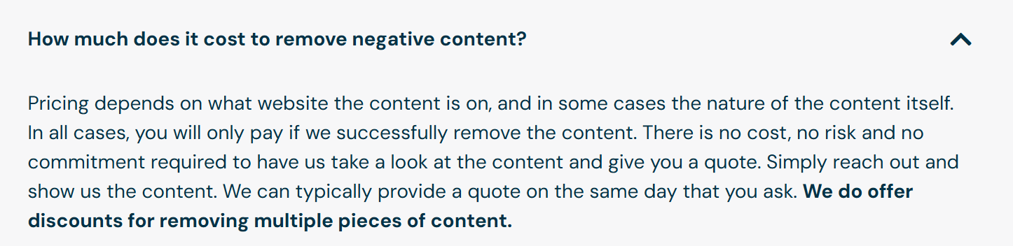 Removify's FAQ entry "How much does it cost to remove negative content?", answered with "Pricing depends on what website the content is on" and an offer of a same-day quote, with no price given