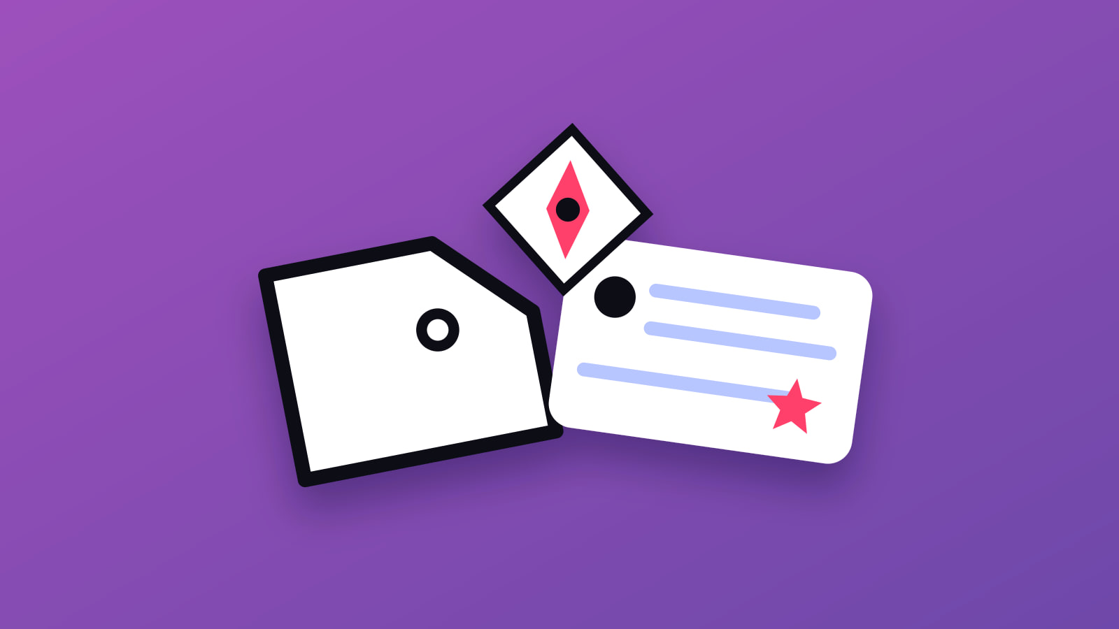 Illustrated price tag, review card and compass
