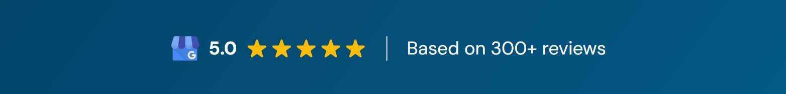 A rating band from Removify's home page showing a Google Business Profile icon, 5.0, five gold stars, and the words Based on 300+ reviews