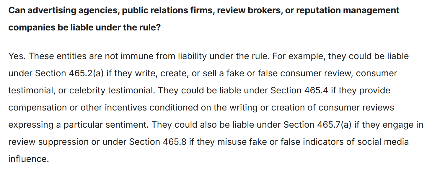 The FTC's questions and answers page, showing the question "Can advertising agencies, public relations firms, review brokers, or reputation management companies be liable under the rule?" answered "Yes. These entities are not immune from liability under the rule."
