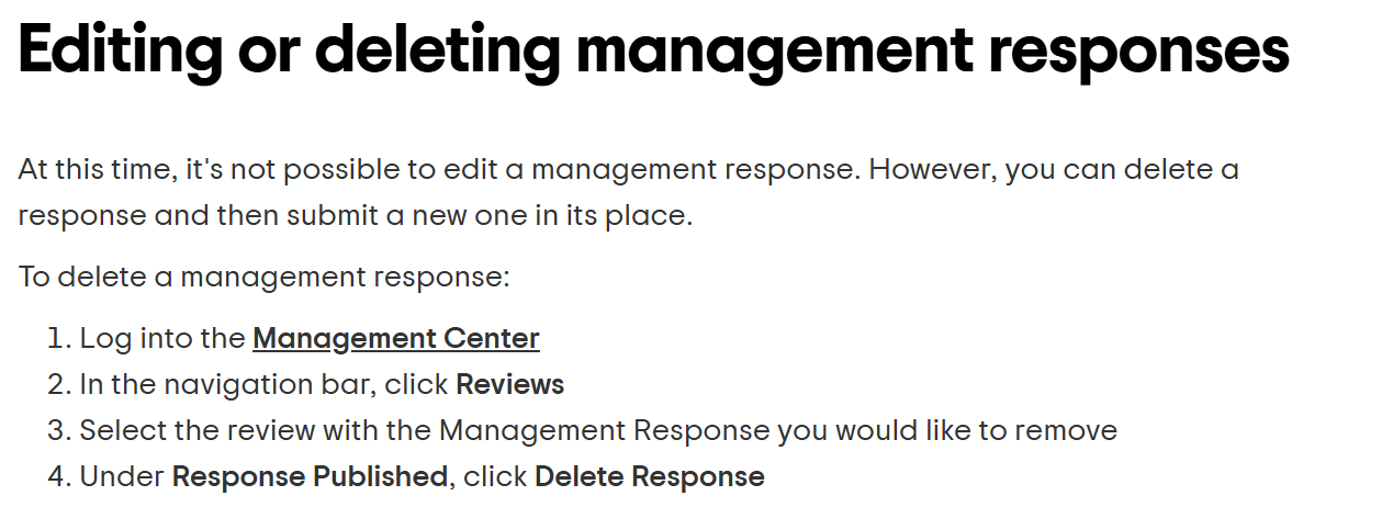Tripadvisor's owner help centre article Editing or deleting management responses, saying it is not possible to edit a management response and listing the four steps to delete one from the Management Center and submit a new one